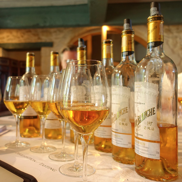 Bottles and glasses of Sauternes lined up for a vertical tasting, showcasing different vintages of the same cru.