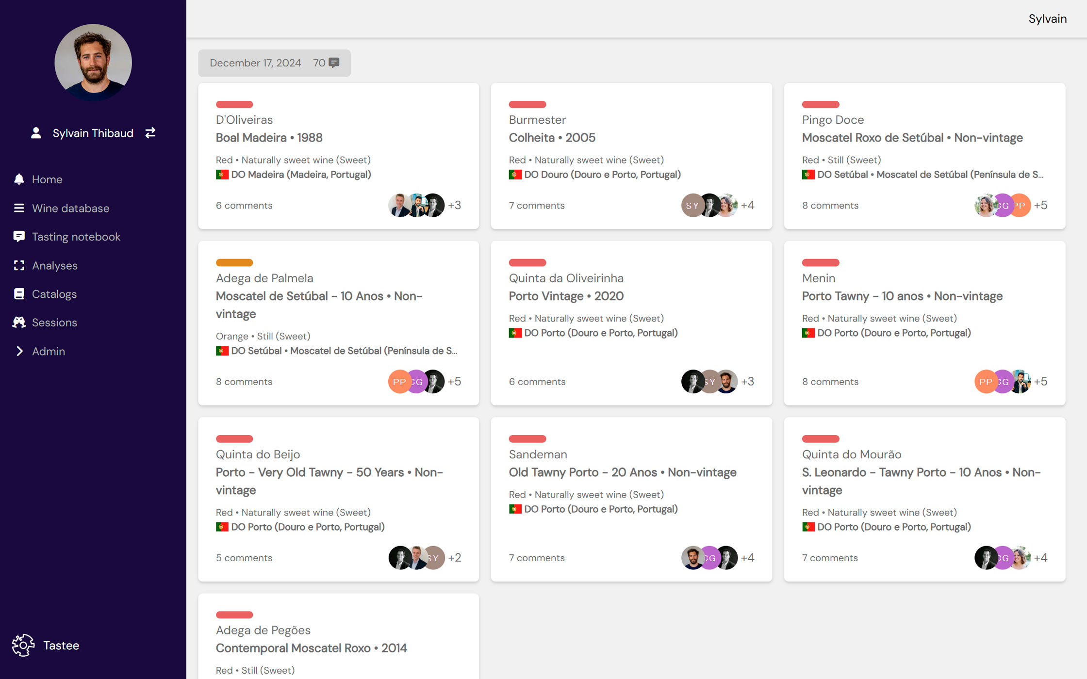 Tastee interface, Notebook tab, showing the most recently tasted wines as cards: producer, cuvée, vintage, appellation, number of comments and the tasters who wrote them.