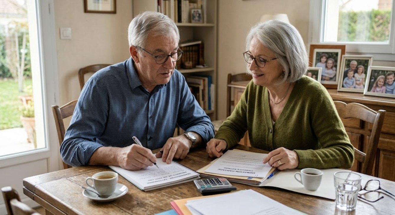 Couple de retraités étudiant des documents patrimoniaux à domicile pour anticiper la transmission après 70 ans