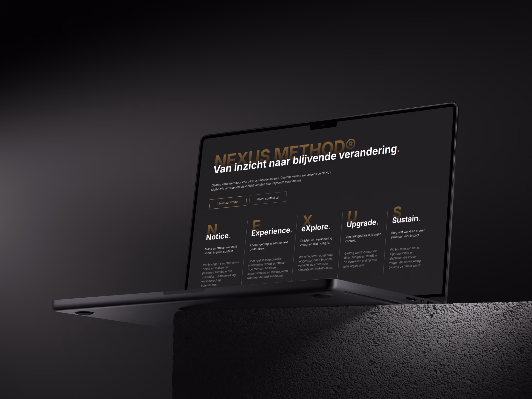 De pagina over de NEXUS Method op een MacBook, met de zes stappen van Notice tot Sustain