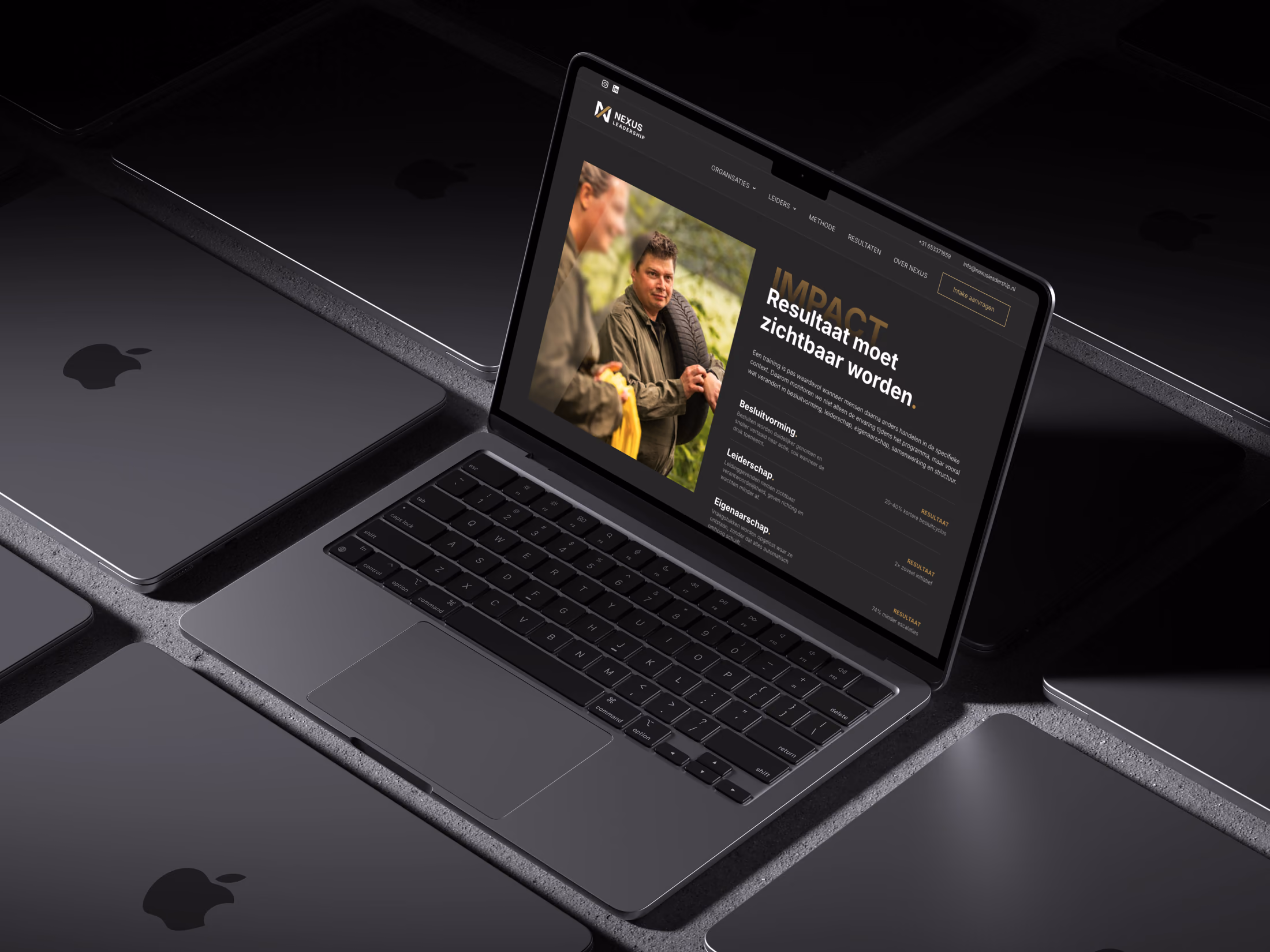 De resultatenpagina van NEXUS op een MacBook, met de kop Resultaat moet zichtbaar worden