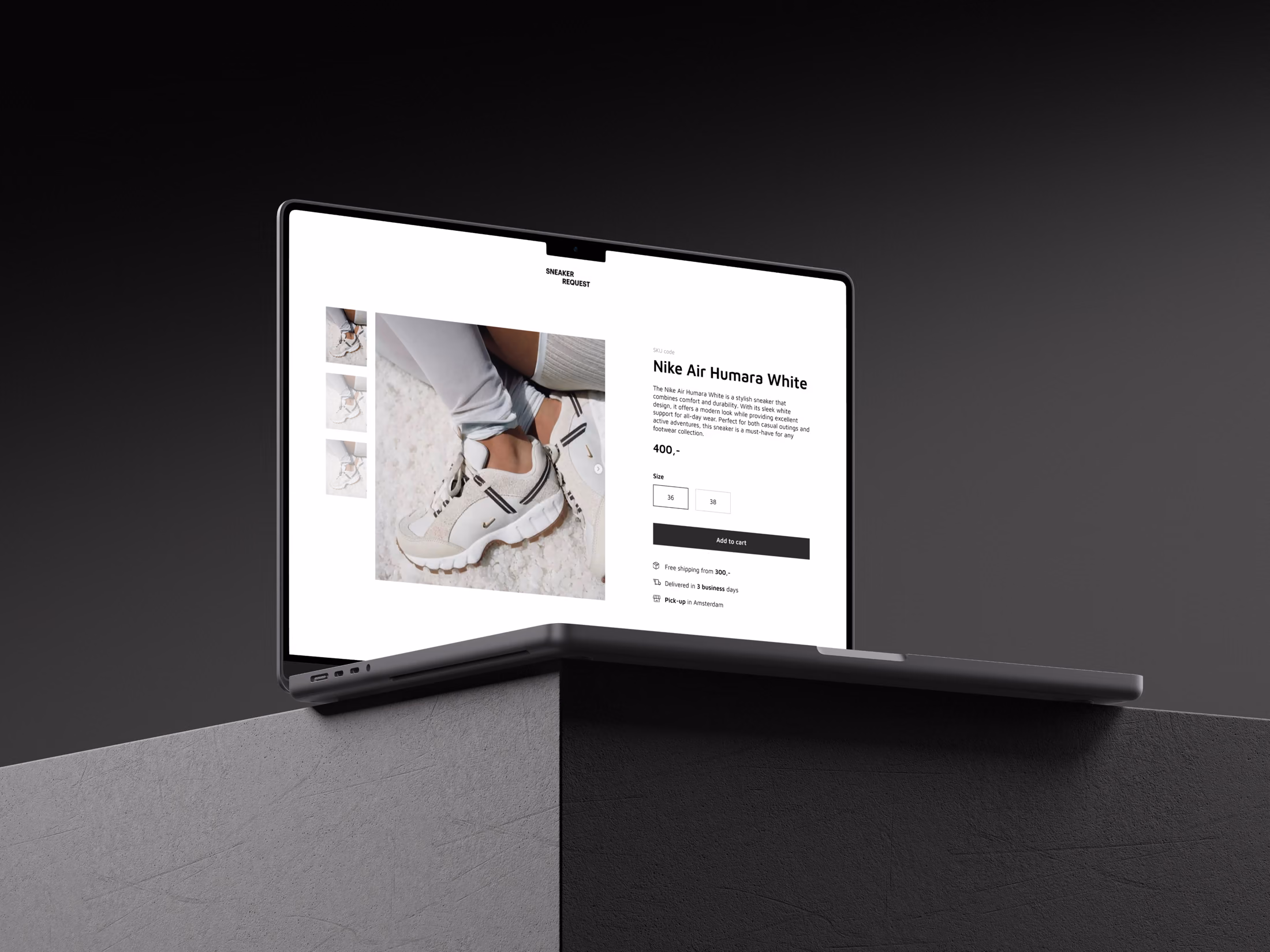 Een productpagina van Sneaker Request op een MacBook, met een Nike Air Humara White