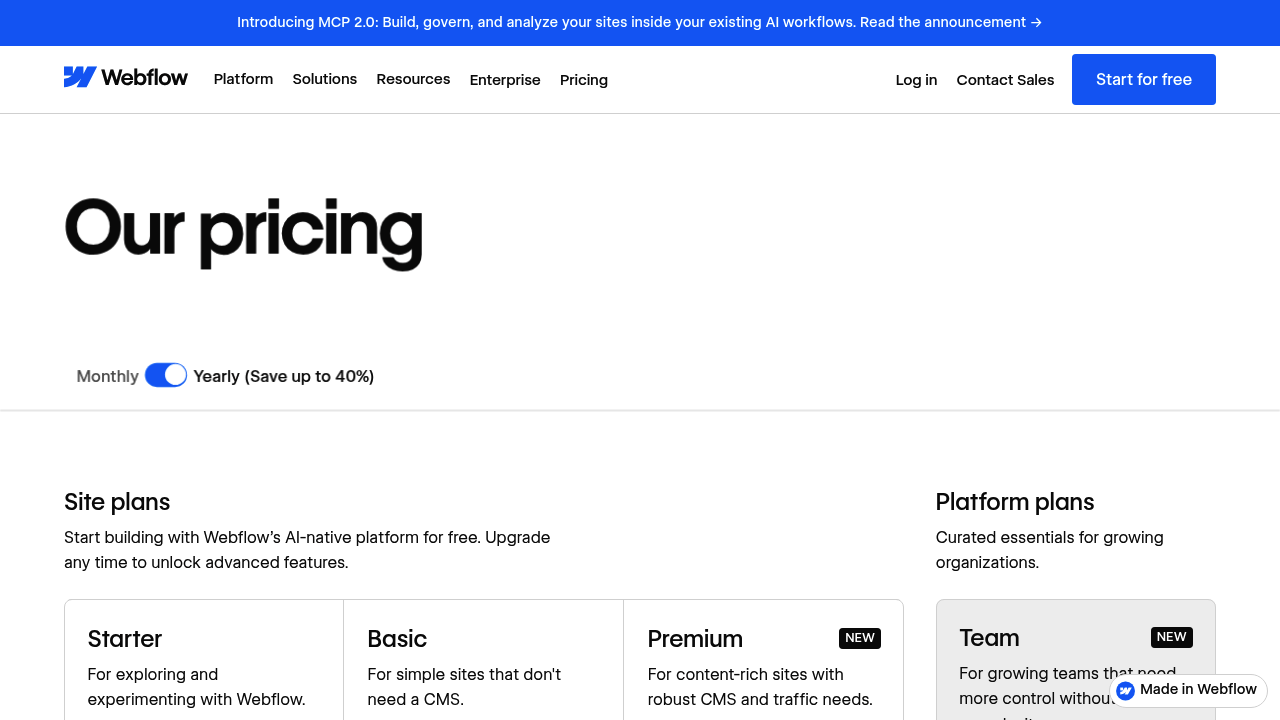 Screenshot of https://webflow.com/pricing