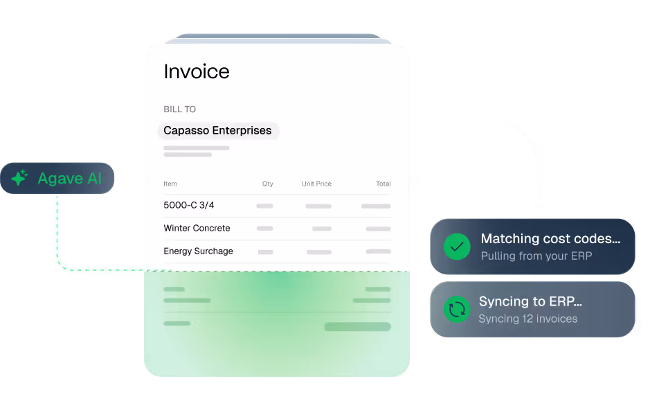 Illustration of an invoice being processed by Agave AI, showing matching cost codes pulling from ERP and syncing 12 invoices to ERP.