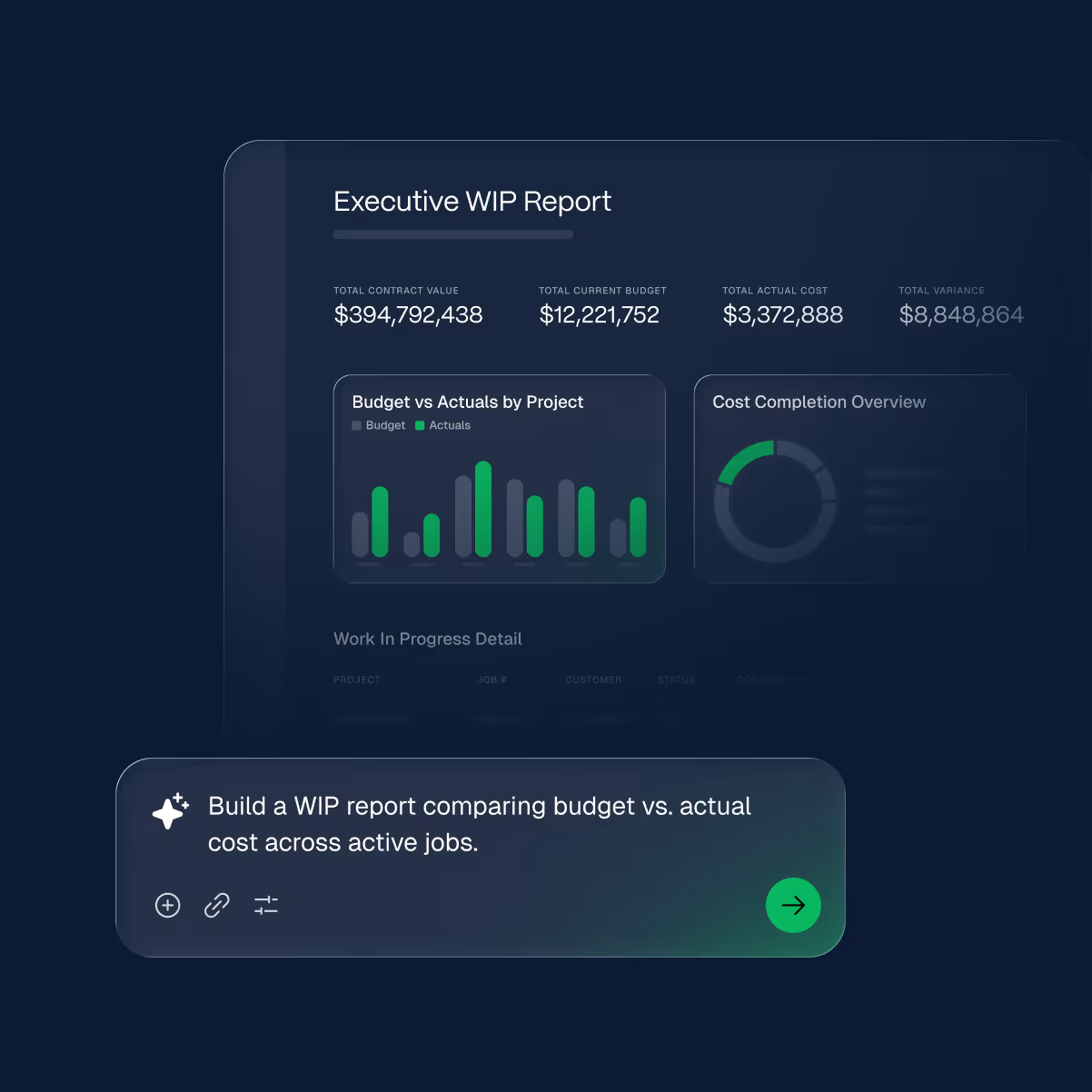 WIP report showing budget vs. actuals across active jobs