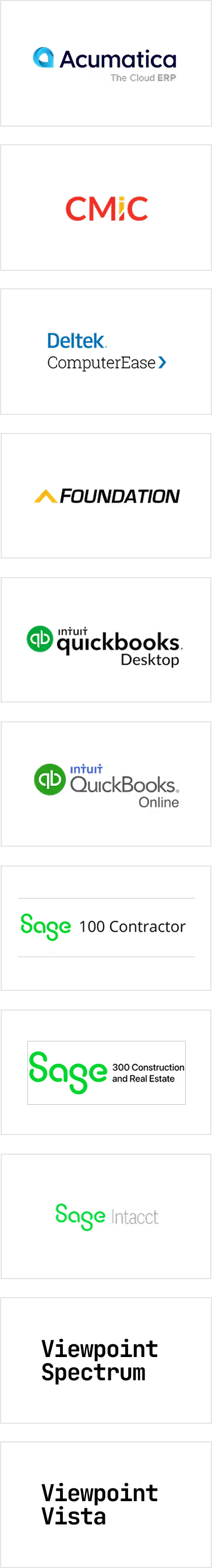 Vertical column of software logos starting with Acumatica, CMiC, Deltek, FOUNDATION, QuickBooks, Sage, and Viewpoint.