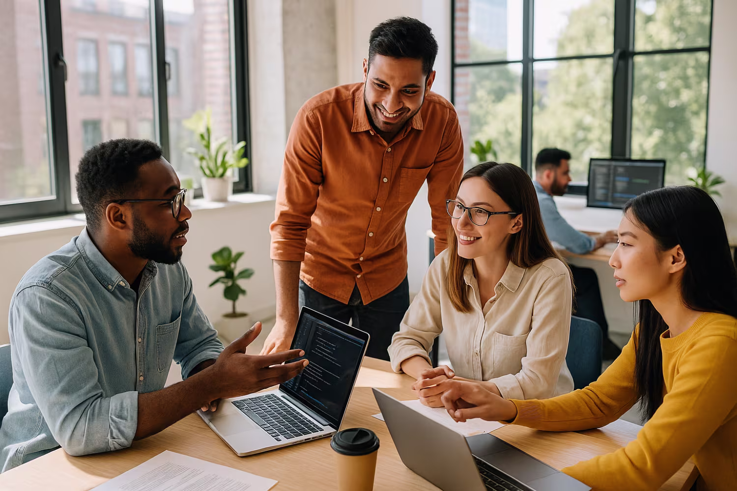 Diverse team discussing IT outsourcing benefits