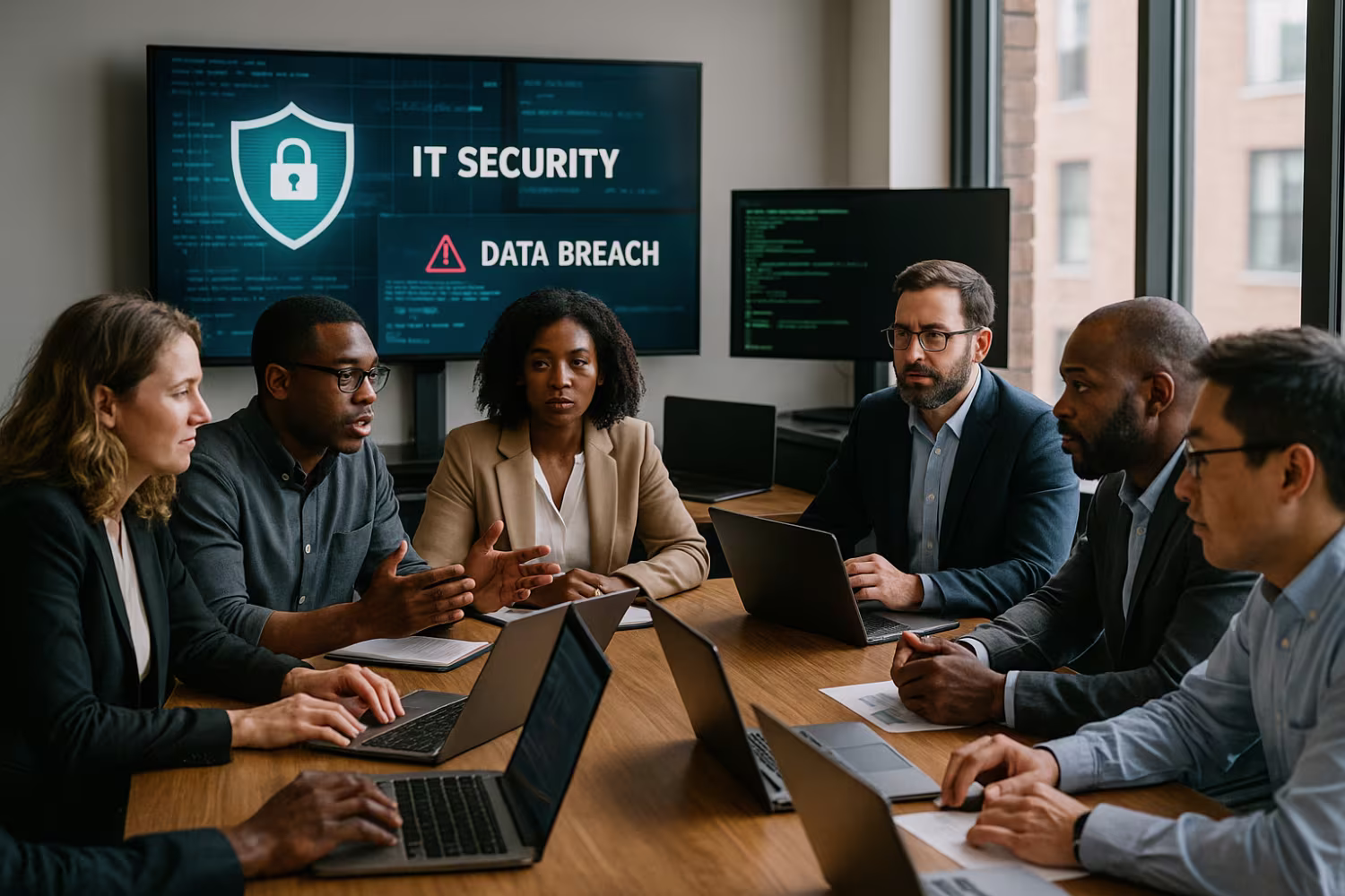 Diverse professionals in IT security audit meeting