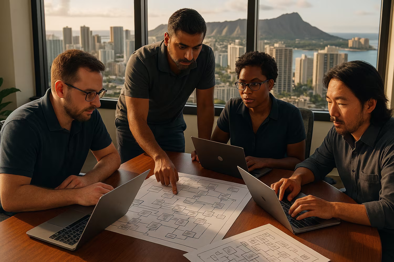 Diverse IT network support team, Honolulu backdrop