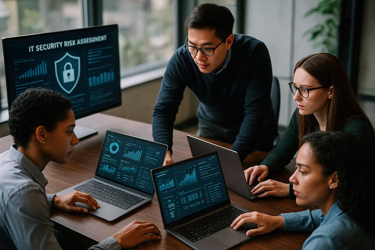 Diverse IT team conducting security risk assessment