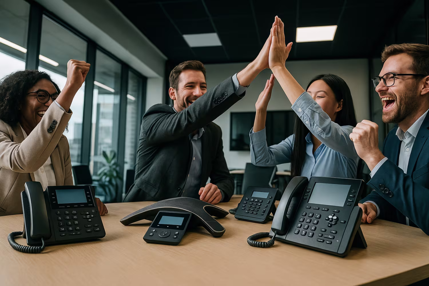 Diverse professionals discussing VoIP benefits