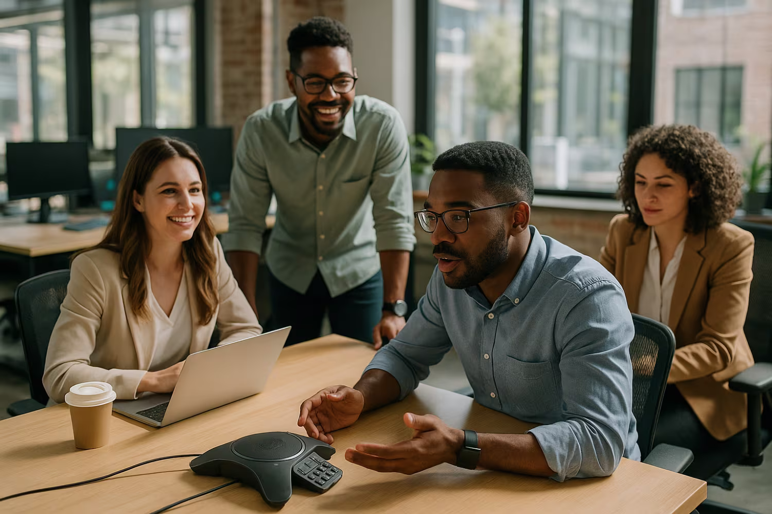 Employees discussing VoIP benefits in office