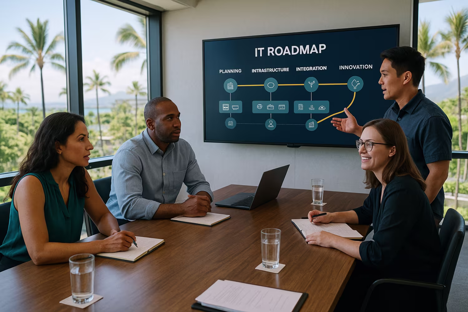 Diverse team discussing IT roadmap