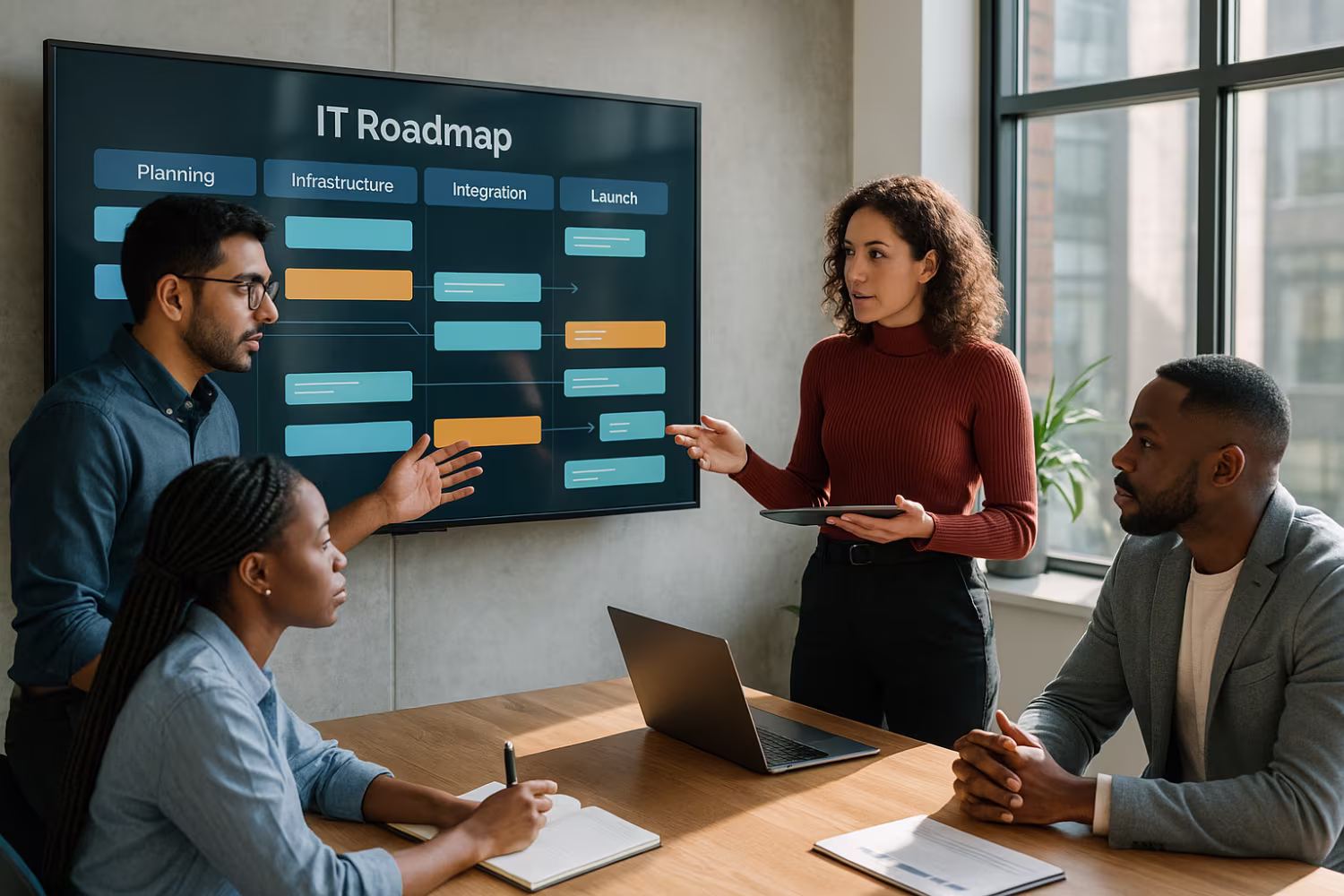 Diverse team discussing business IT roadmap
