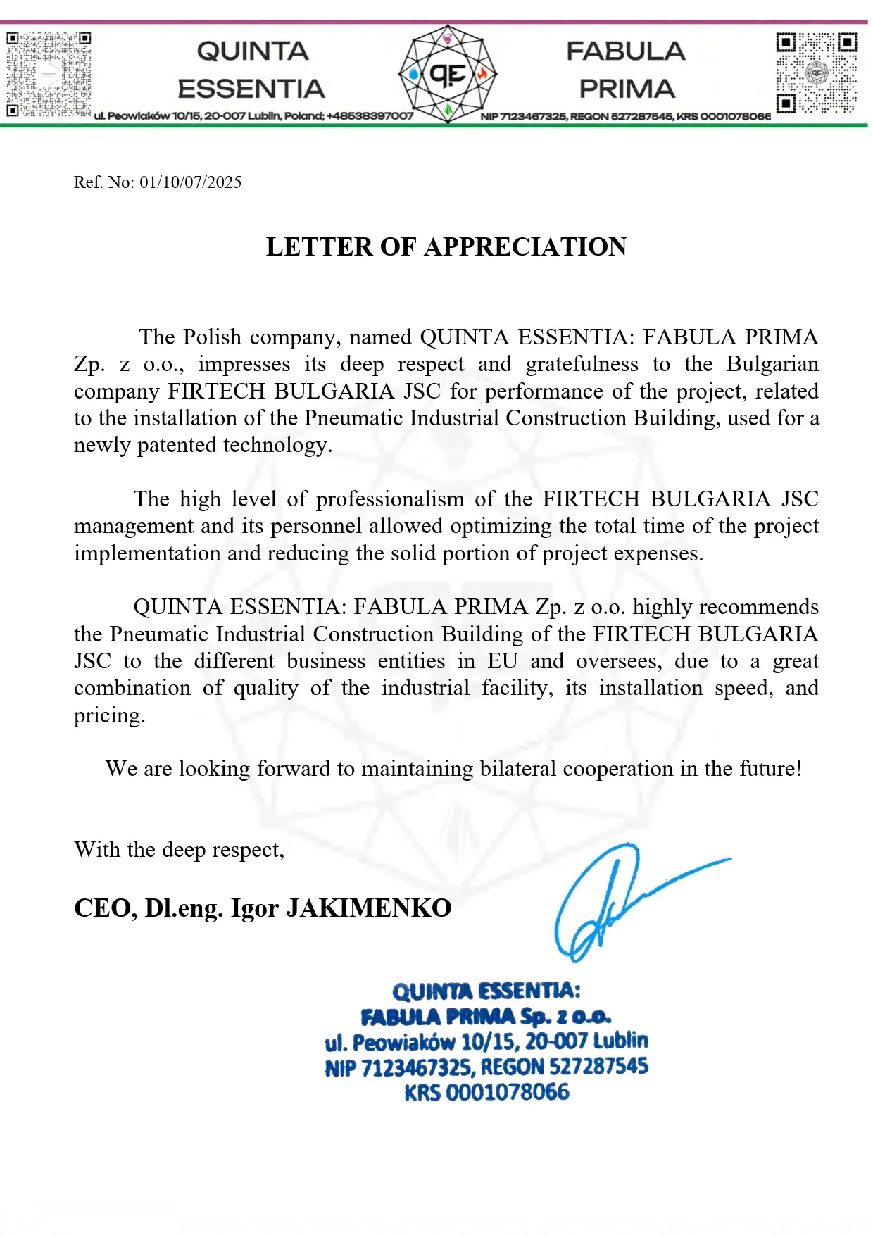 Letter of recommendation from Fabula Prima for Airwallon in english