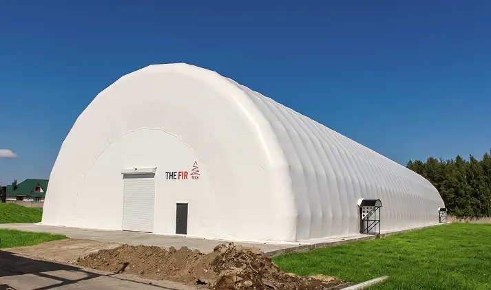 Inflatable frame building where Airwallon manufactures its inflatable hangars (outside)