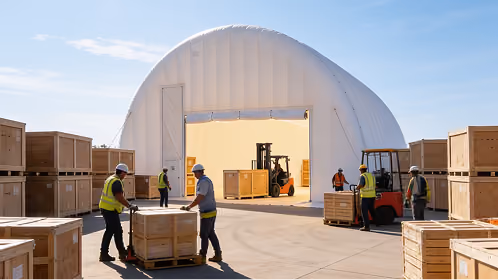Workers in safety vests move crates near forklifts outside a large white inflatable storage shelter.