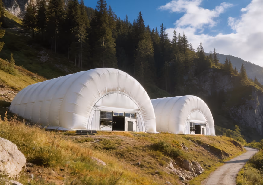 Two large white inflatable structures on grassy hill with forest and mountains in the background.