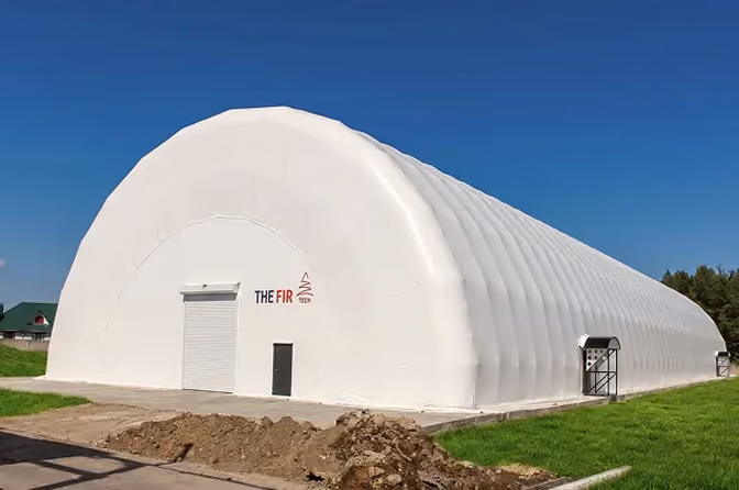 Inflatable frame building where Airwallon manufactures its inflatable hangars (outside)