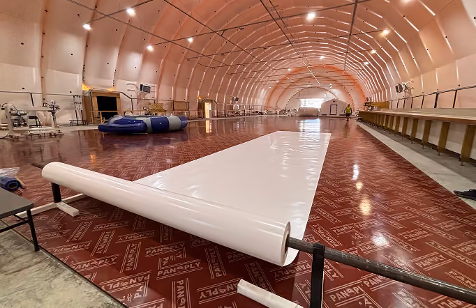 Inflatable frame building where Airwallon manufactures its inflatable hangars (inside)