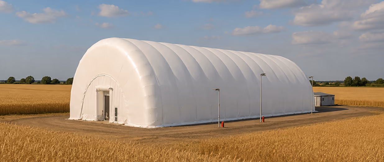 Large white inflated storage building situated in a golden wheat field under a partly cloudy sky.