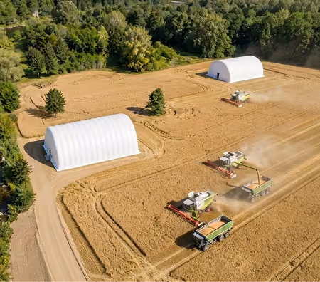 Aerial view of a golden wheat field with three combine harvesters working and two large white storage buildings surrounded by green trees.
