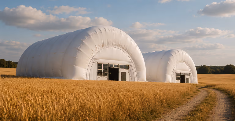 Two large white inflatable greenhouses in a golden wheat field under a blue sky with scattered clouds.