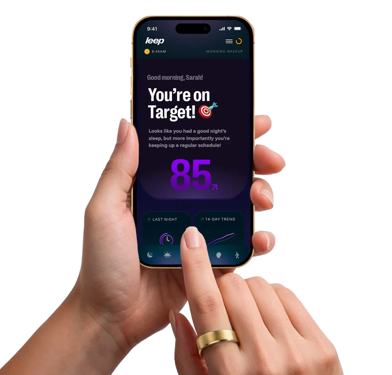 An image of a ladies hand wearing a leep smart ring holding a smart phone and checking her sleep score on the leep application.