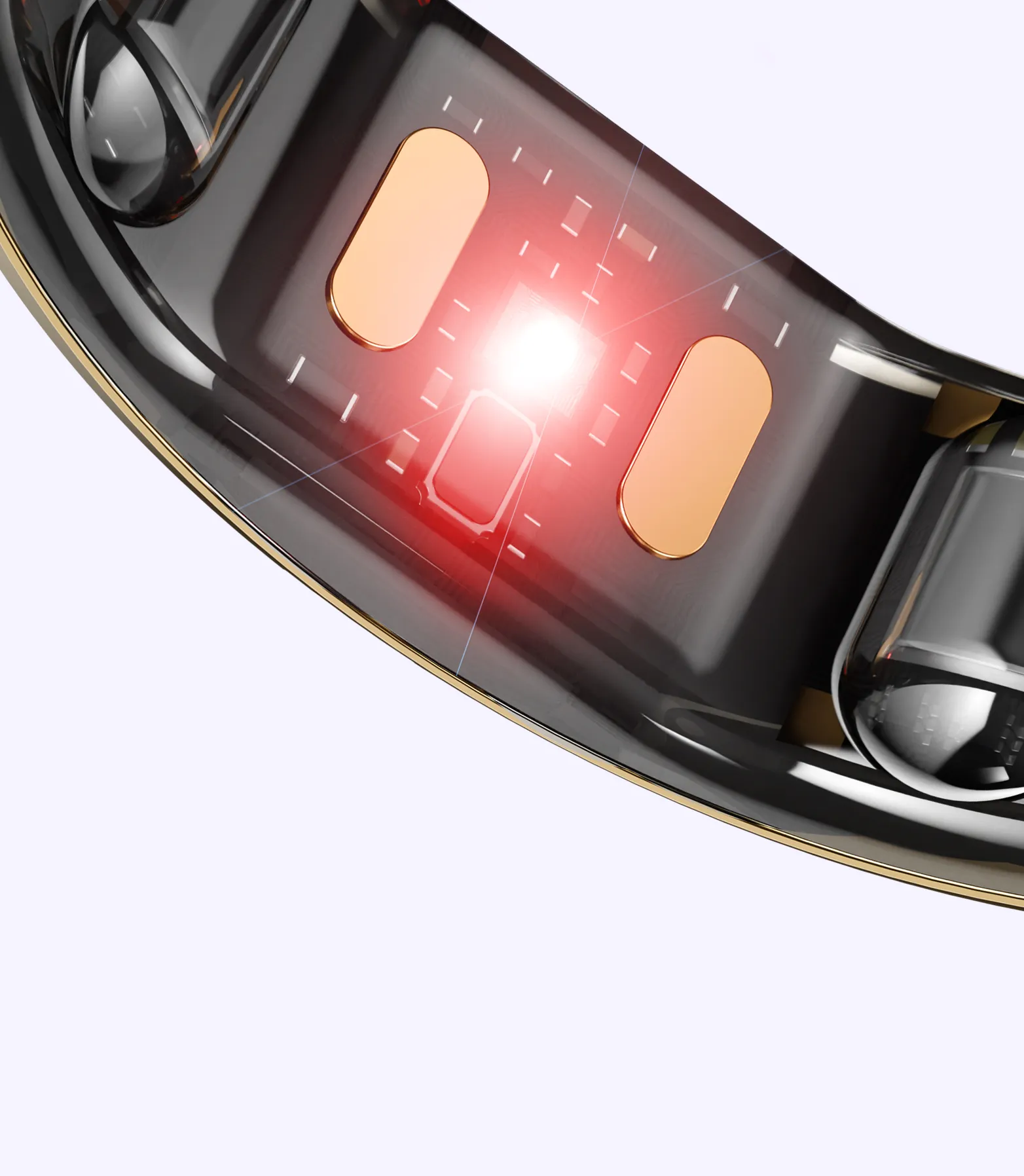 A close up image that shows the PPG sensor on the leep smart ring. A bright red LED light is shining.