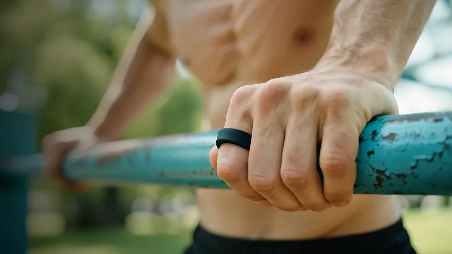 A image showing a young man wearing a leep smart ring with a black silicone protective guard covering it. His hand is resting on a blue metal bar as he is about to perform a triceps dip exercise routine. 