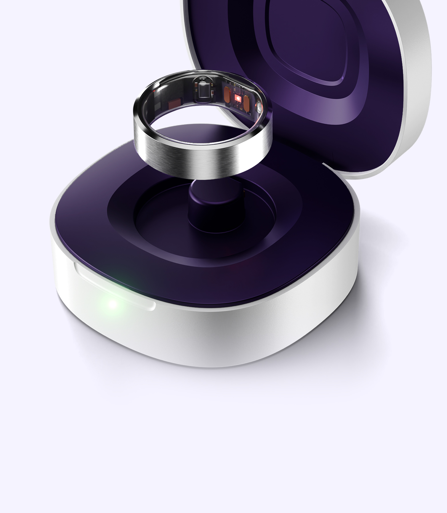 An image showing the leep smart ring hovering above the charging case which provides 60 days additional power for the smart ring.