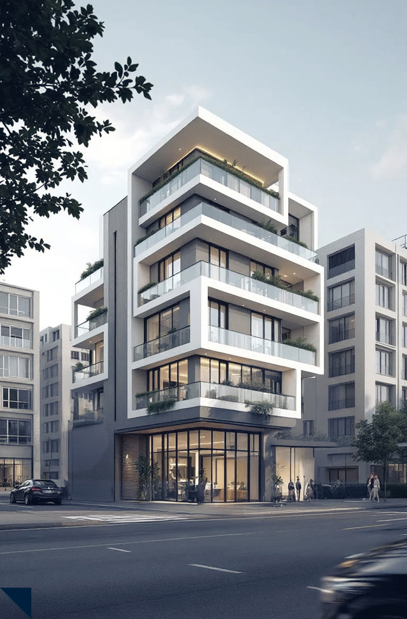Modern multi-story apartment building with large balconies and glass railings at street corner in urban area.
