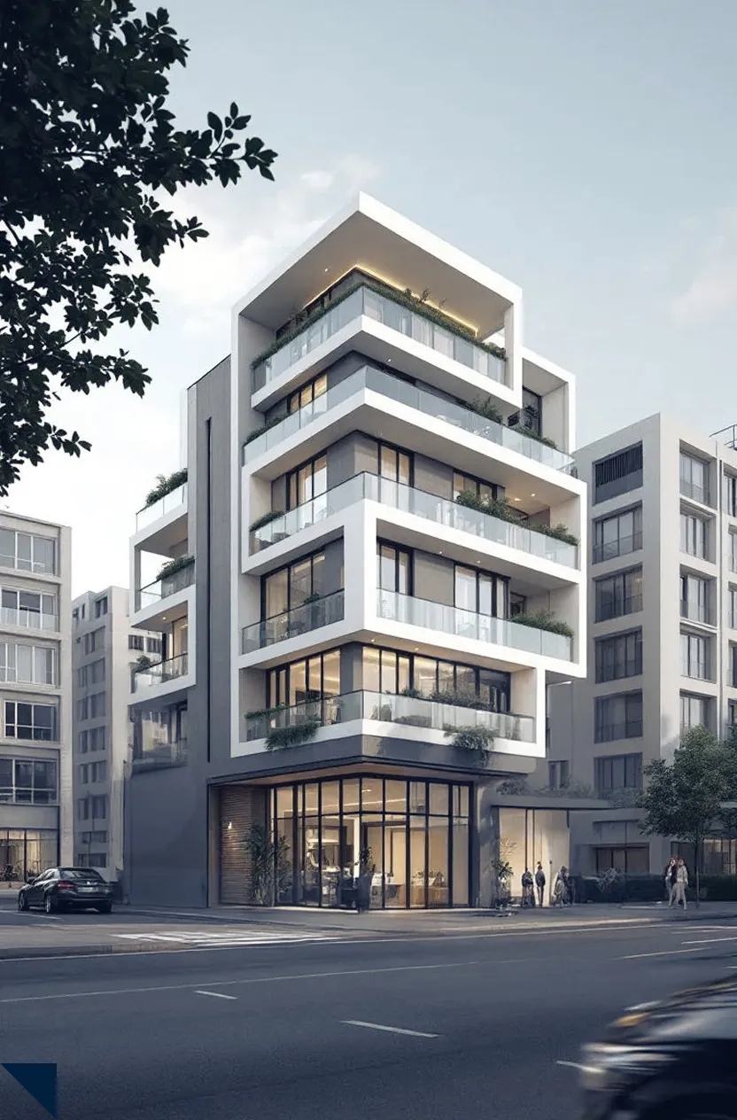 Modern multi-story apartment building with large balconies and glass railings at street corner in urban area.