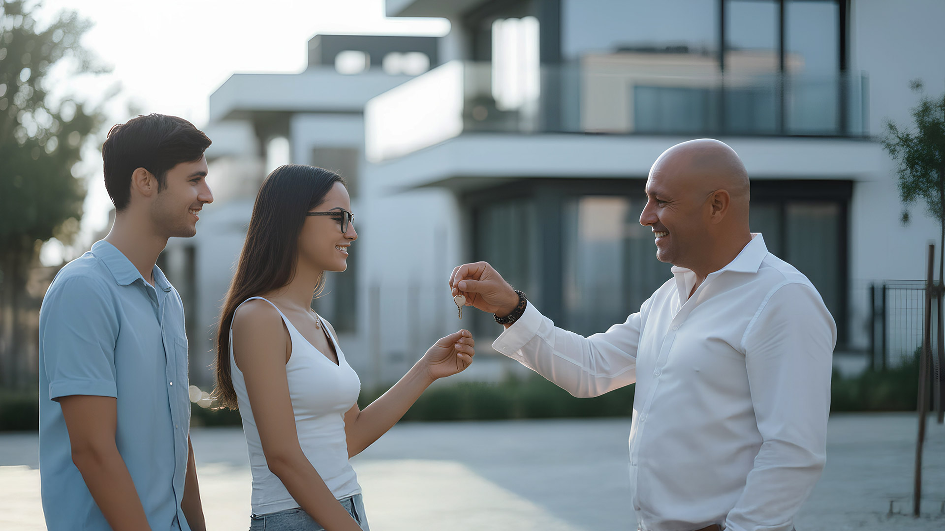 Two warehouse workers wearing safety helmets and reflective vests looking at a tablet with wrapped pallets in the background.