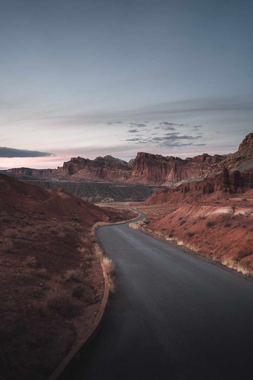 Road in Capital Reef National Park at sunset