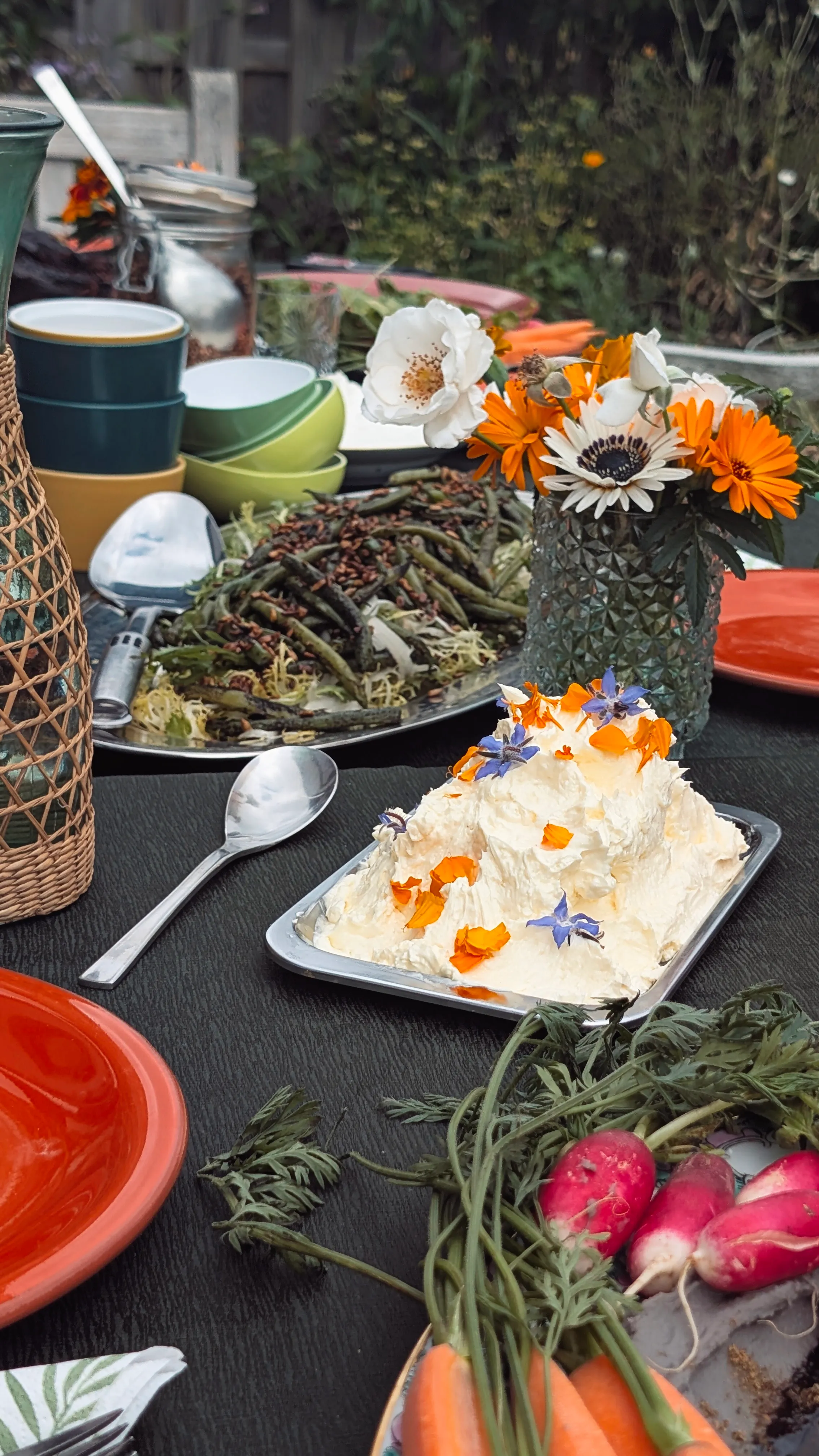 A festive table with seasonal dishes and a birthday cake
