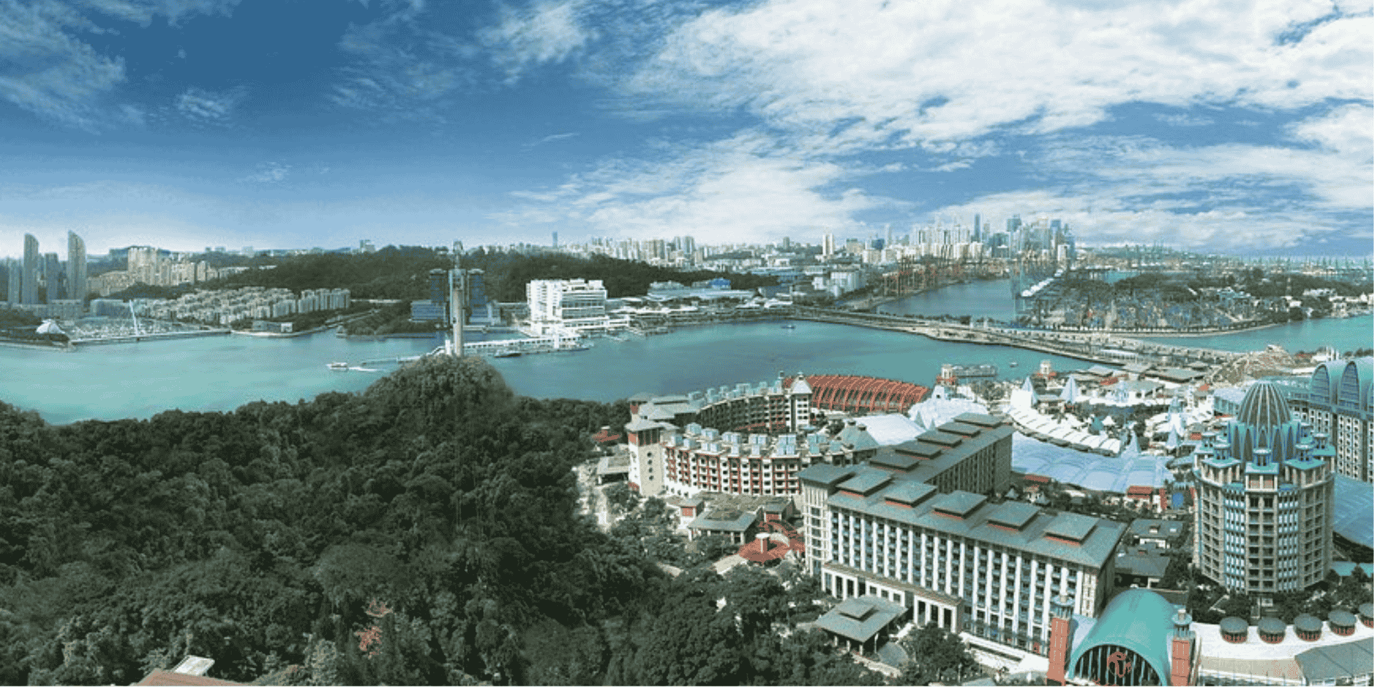 Spectacular vistas of the harbor, Sentosa, and city skyline