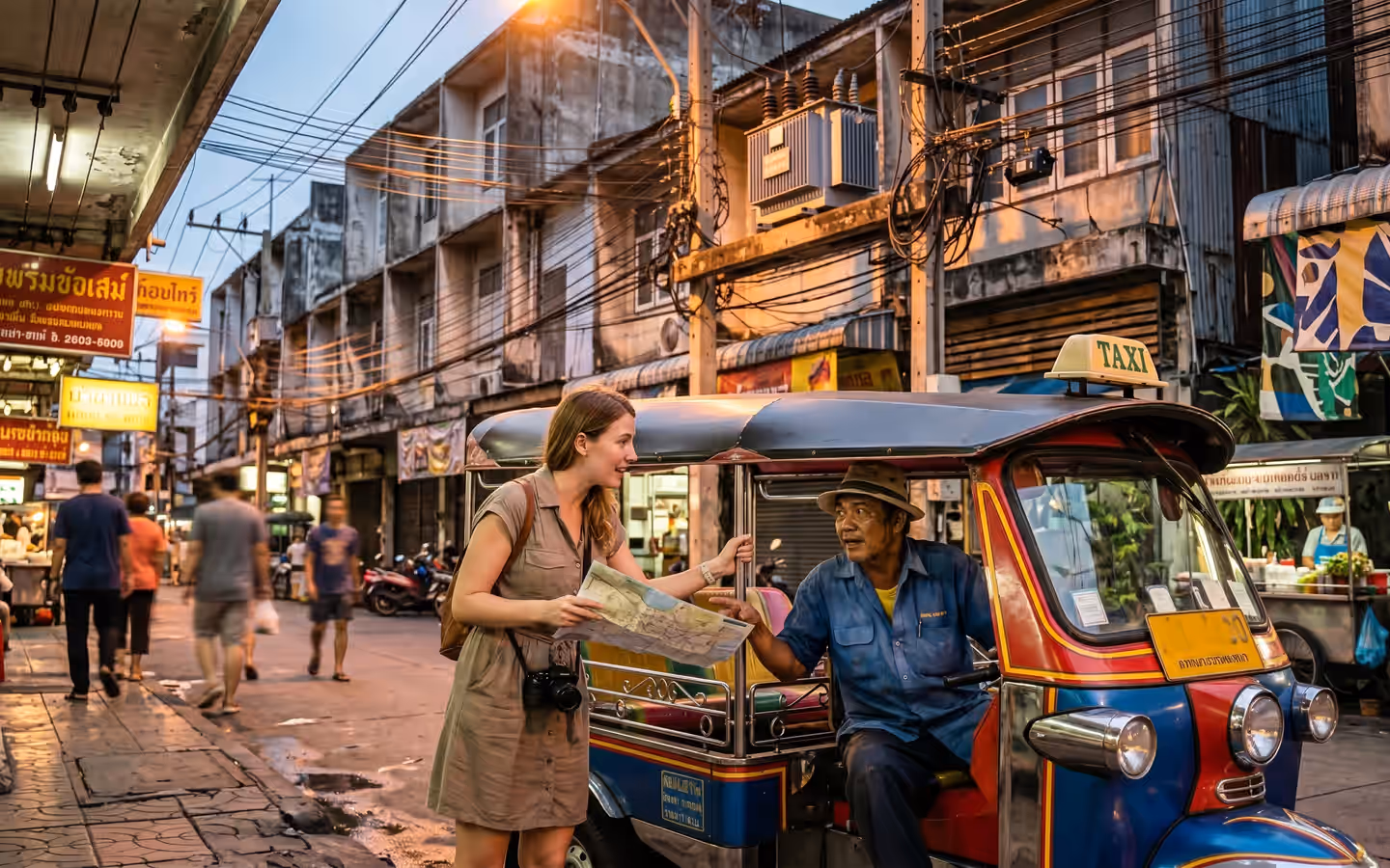 tourist talking to tuk tuk driver Bangkok