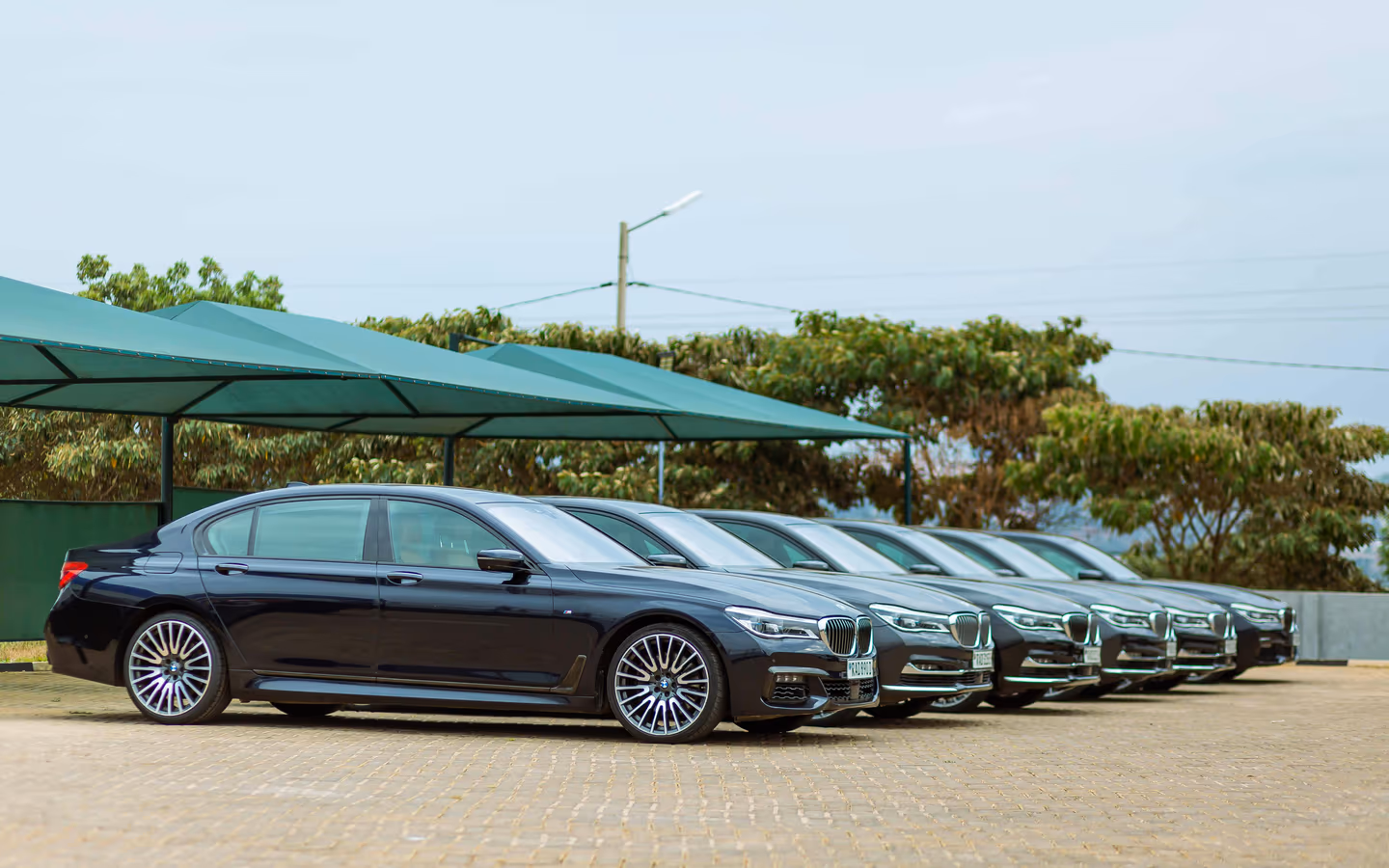 Lineup of luxury executive sedans parked outdoors