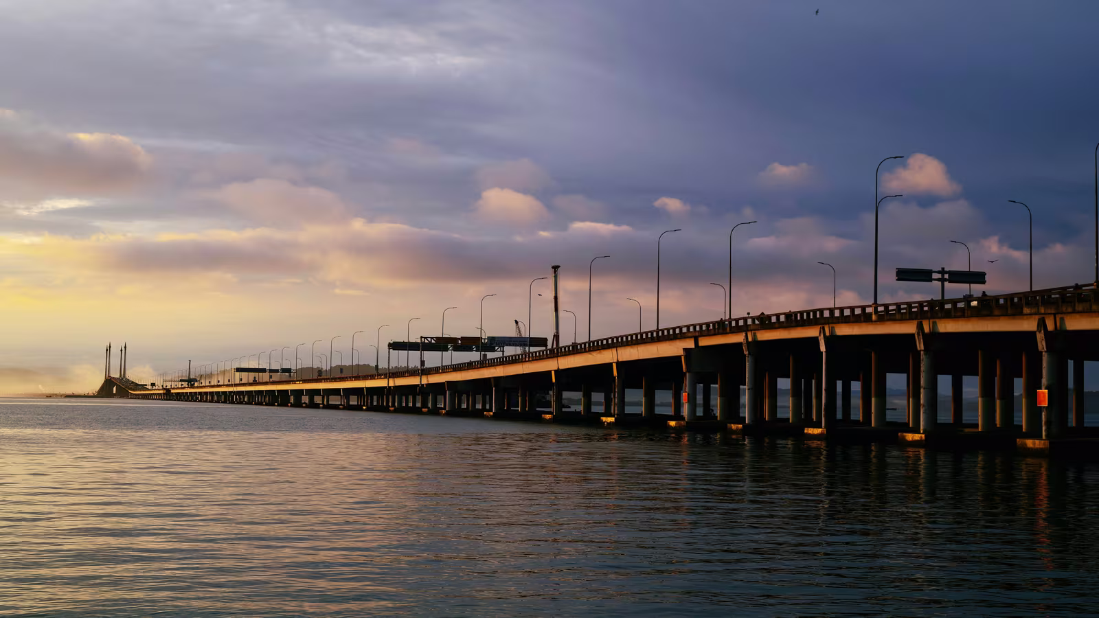 Penang Bridge at dusk — long span over the Strait of Malacca
