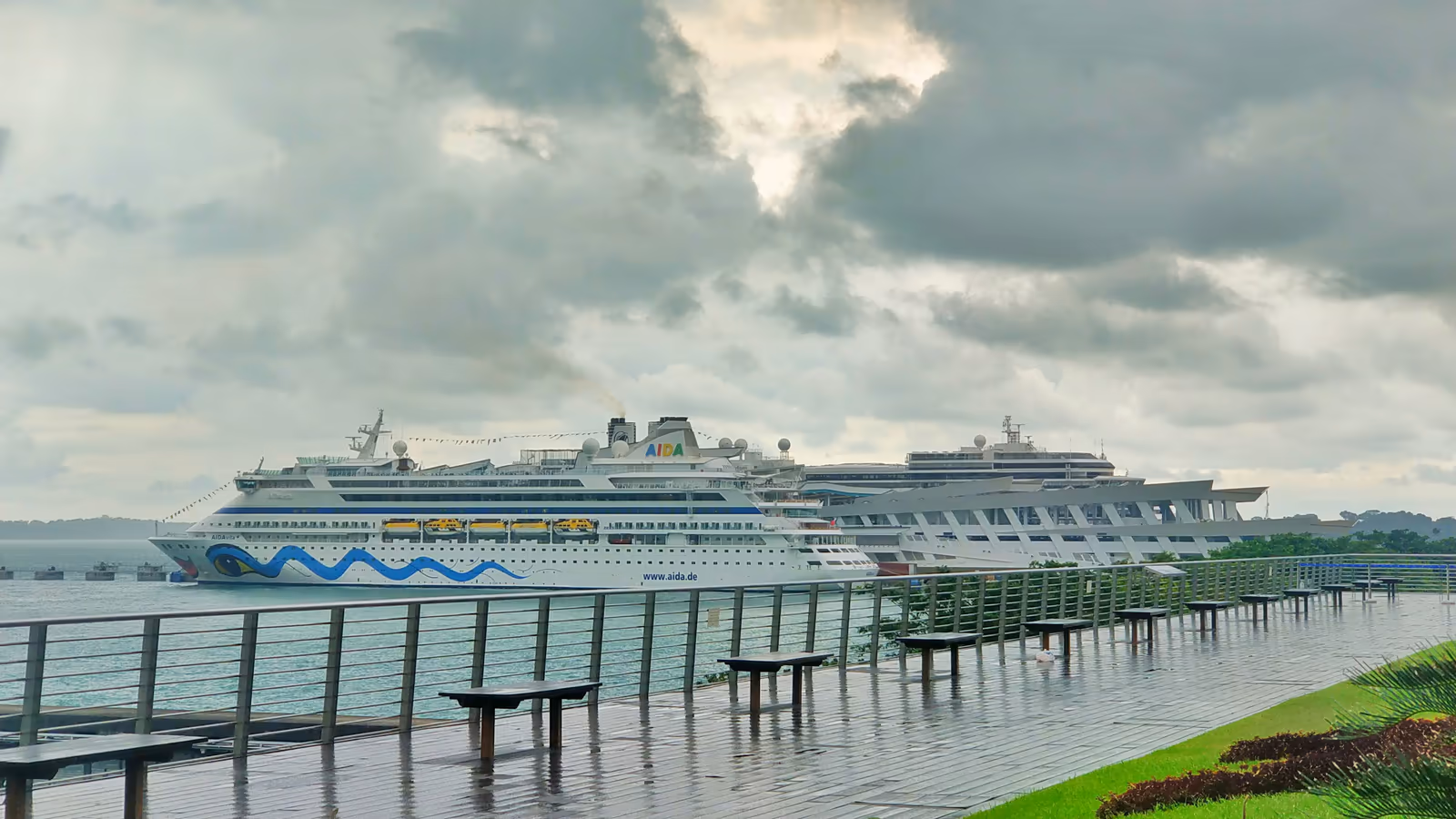 Cruise ship berthed at Marina Bay Cruise Centre Singapore with the Marina Bay skyline