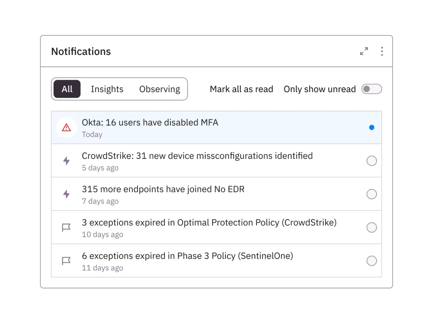 Prelude platform notifications of configuration drift