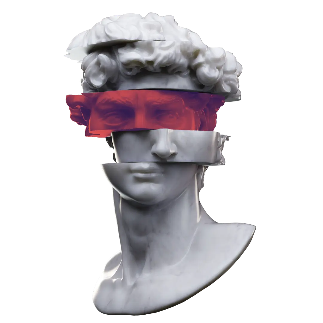 Shattered greek bust with red-styled eyes