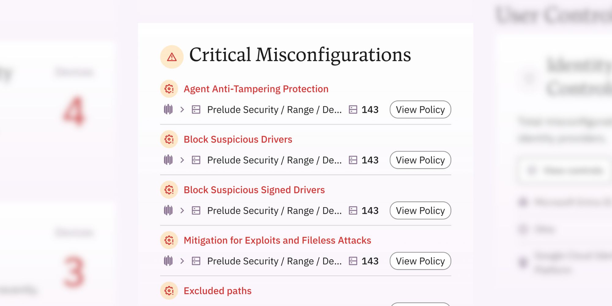 A review of critical misconfigurations and remediation links in the Prelude platform.