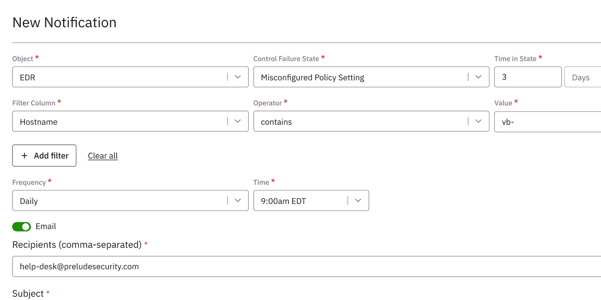 A notification being configured in the Prelude platform.