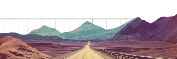 A collage of mountains on a road toward a grid
