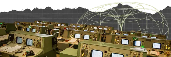 A collage of an array of computers above a grid and torus shape