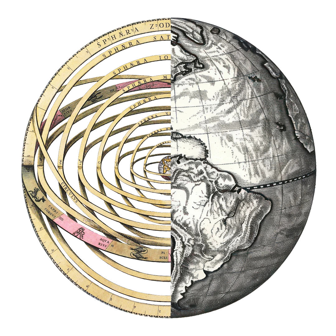 Collage of an ancient globe stand alongside a painting of the Earth