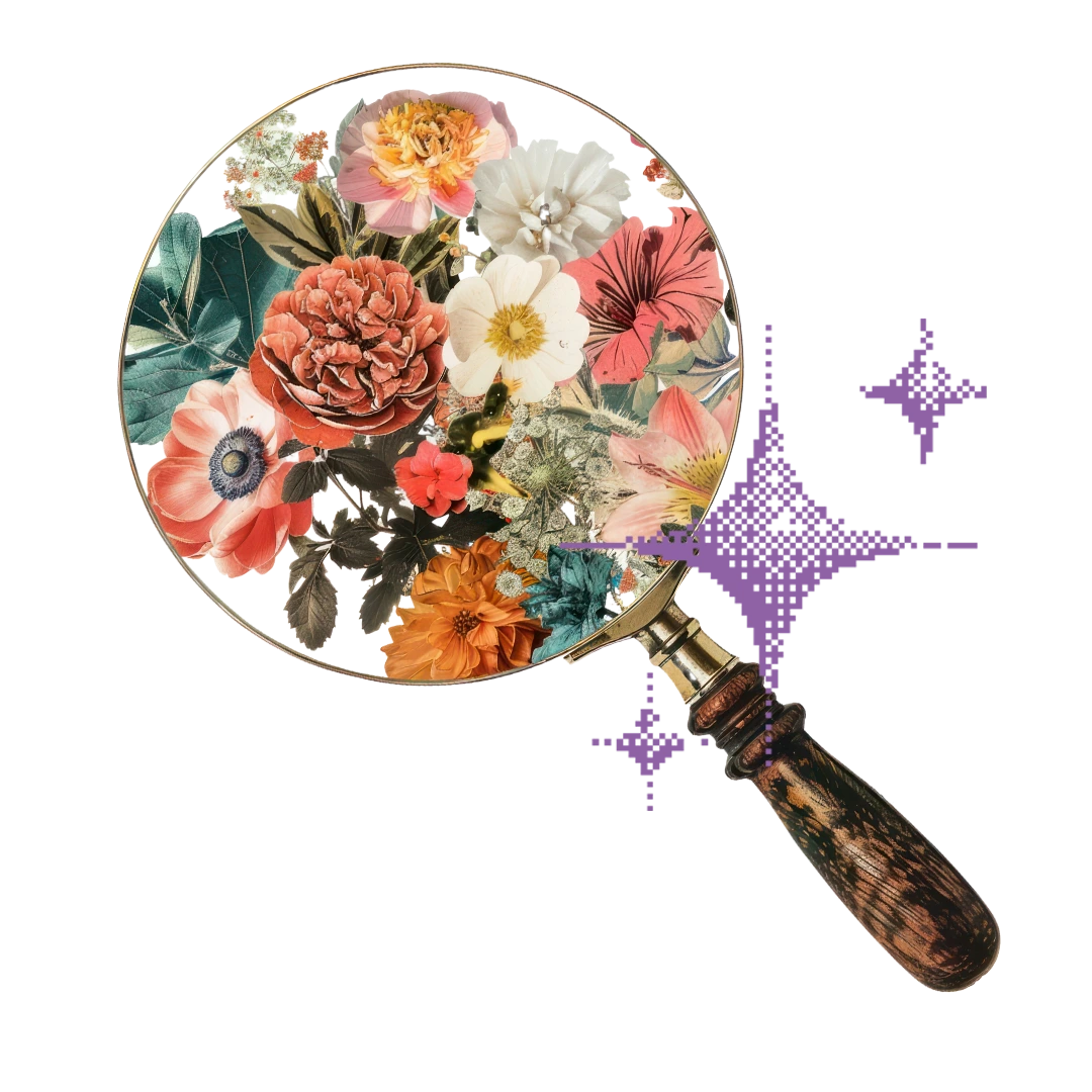 Collage of a magnifying glass revealing a number of flowers