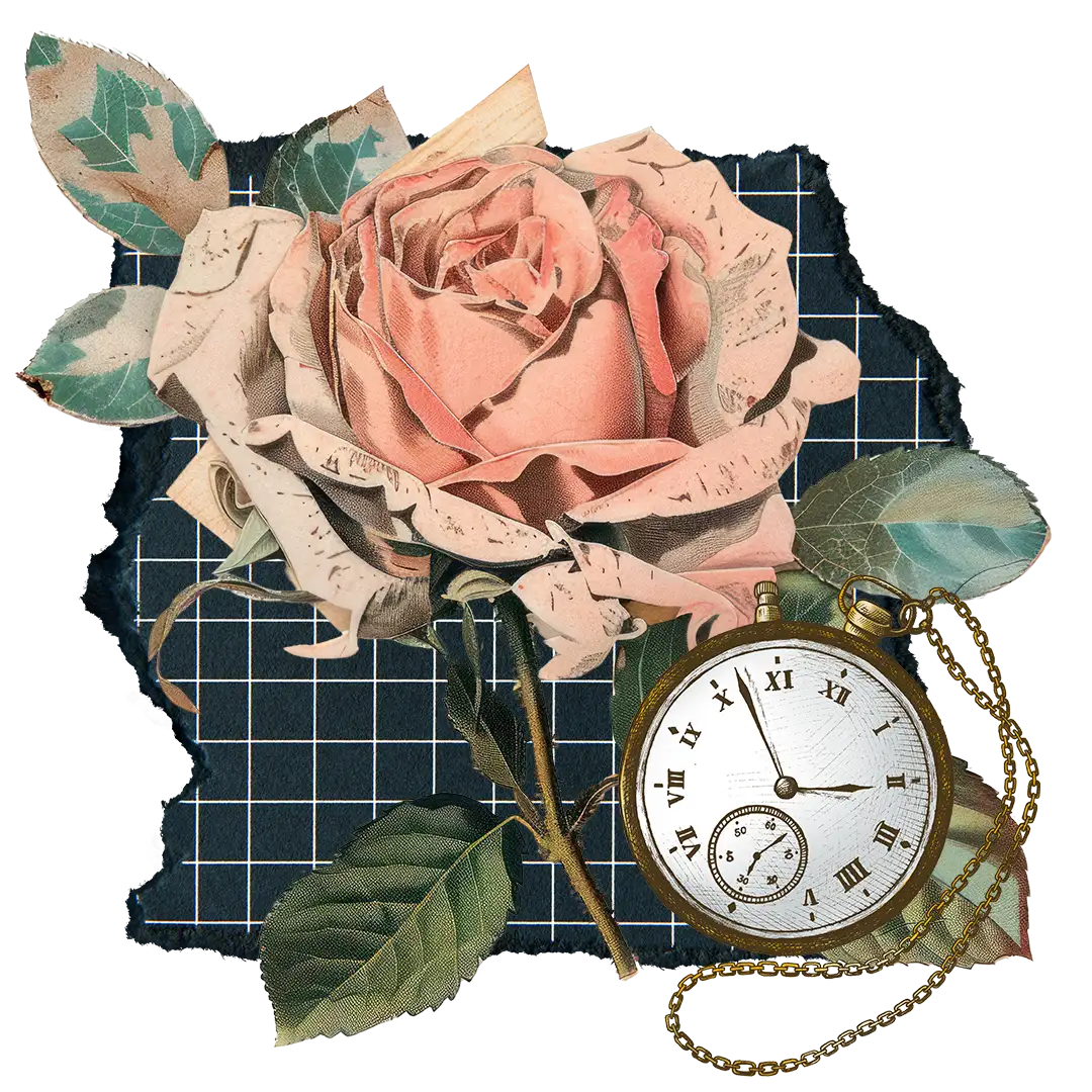 Collage of a rose perched alongside a stopwatch